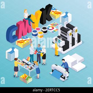 Advertising agency printing house isometric composition with customers designers workers producing colorful press ads material vector illustration Stock Vector