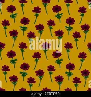 Floral seamless pattern. Red anemones pattern on mustard yellow background. Color pencil digital illustration. For textile, fabric, covers, wallpapers Stock Photo