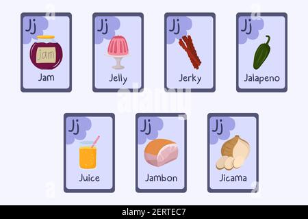 Colorful Phonics flashcard Letter J- jam, jelly, jerky, jalapeno, juice, jambon, jicama. Food themed ABC cards for teaching reading with foods, vegetables, fruits and nuts. Series of ABC. Stock Vector