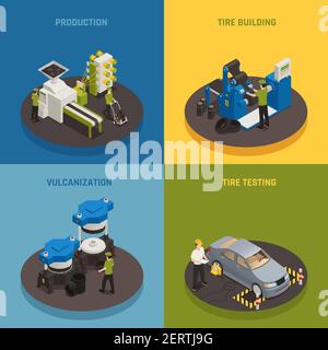 Tire production isometric design concept with industrial equipment and staff product creation and testing isolated vector illustration Stock Vector