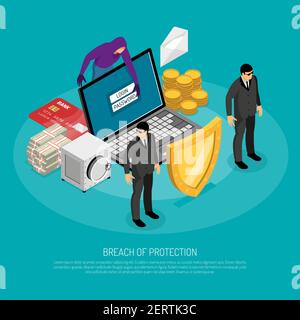 Breach of protection isometric concept with fraud hacking computer 3d vector illustration Stock Vector