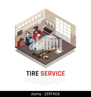 Tire service workshop interior with automobile jacks car tire fitting and balancing equipment isometric vector illustration Stock Vector
