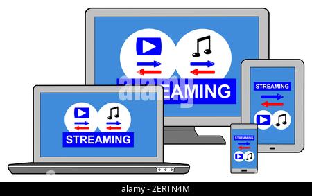 Streaming concept shown on different information technology devices Stock Photo