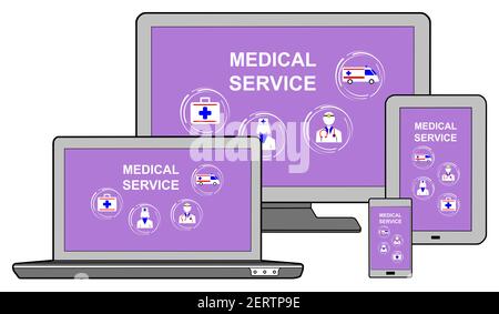 Medical service concept shown on different information technology devices Stock Photo