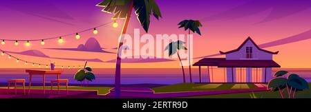 Summer tropical landscape with bungalow on ocean beach, table and chairs on terrace at sunset. Vector cartoon illustration of exotic resort vacation on sea shore with house and palm trees Stock Vector