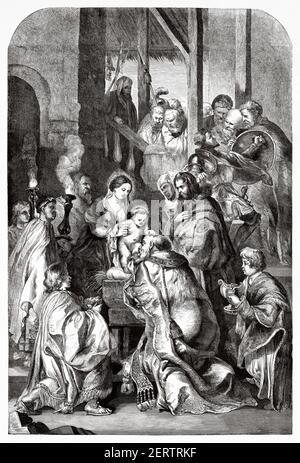The Adoration of the Magi, painting by Peter Paul Rubens. Old 19th century engraved illustration, El Mundo Ilustrado 1881 Stock Photo