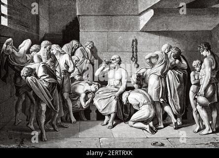 The Death of Socrates (469-399 BC) Greek philosopher, Ancient Greece. Europe. Old 19th century engraved illustration, El Mundo Ilustrado 1881 Stock Photo