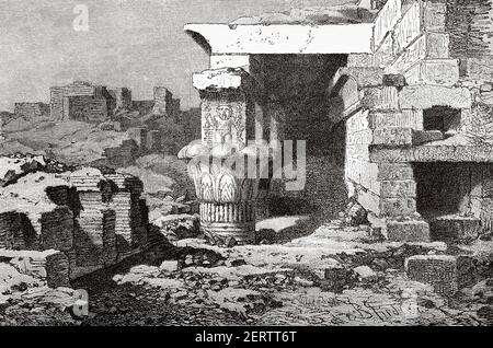 Dendera Temple, dedicated to Hathor goddess of love and fertility, sixth nome of Upper Egypt, south of Abydos. Dendera, Egypt in XIX century. Africa. Old 19th century engraved illustration, El Mundo Ilustrado 1881 Stock Photo