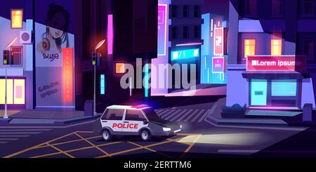 Night police patrol department car with signaling riding empty city street with buildings, glowing neon signboards, road crosswalk and traffic lights. Officer policeman job Cartoon vector illustration Stock Vector
