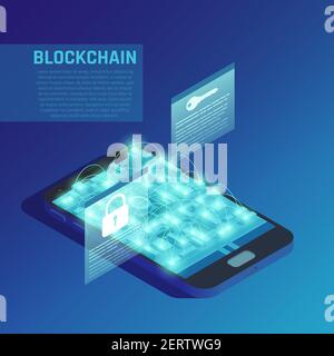 Blockchain composition on blue background demonstrating modern technologies of secure encrypted data transmission isometric vector illustration Stock Vector