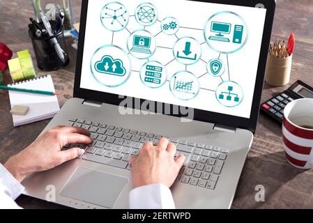 Cloud networking concept shown on a laptop screen Stock Photo