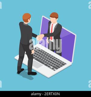 Flat 3d Isometric Businessmen Having Online Agreement and Shaking Hands Through Laptop Screen. Online Business Concept. Stock Vector