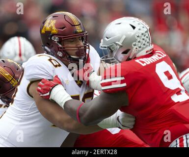 Minnesota offensive lineman Daniel Faalele (78) looks to make a block  during the first half of an NCAA college football game against Iowa,  Saturday, Nov. 13, 2021, in Iowa City, Iowa. (AP