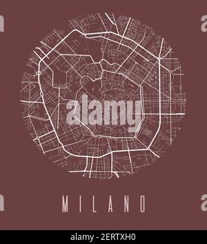 Milan map poster. Decorative design street map of Milan city. Cityscape aria panorama silhouette aerial view, typography style. Land, river, highways, Stock Vector