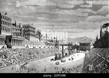 Engraving depicting the Circus Maximus and the imperial palaces, Ancient roman empire. Italy, Europe. Old 19th century engraved illustration, El Mundo Ilustrado 1881 Stock Photo