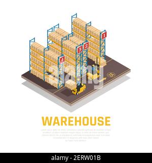 Warehouse isometric composition of racks with boxes and workers loading cargo by forklift vector illustration Stock Vector