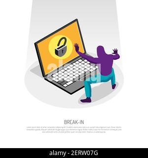 Isometric concept with hacker trying to hack into laptop 3d vector illustration Stock Vector