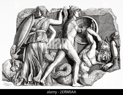 Detail from the Great Frieze of the Pergamon Altar that represents the fight of the gods with the titans and giants. 170 BC Greek civilization. Old 19th century engraved illustration, El Mundo Ilustrado 1881 Stock Photo