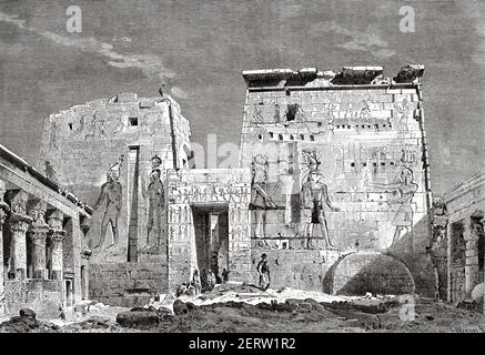 Peristyle of the Temple of Isis on the island of Philae, Egypt in XIX century. Africa. Old 19th century engraved illustration, El Mundo Ilustrado 1881 Stock Photo