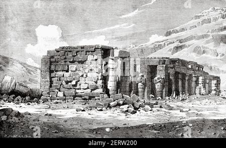 Ramesseum ruins at Thebes, Luxor West bank, Egypt in XIX century. Africa. Old 19th century engraved illustration, El Mundo Ilustrado 1881 Stock Photo