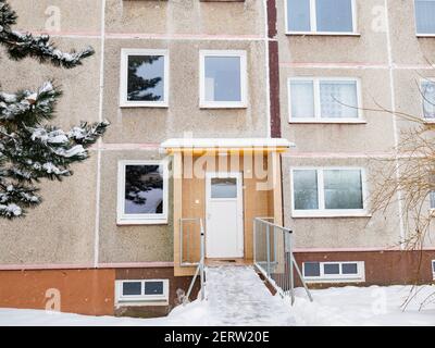 Modern apartment building with colorful facades on the outskirts of  winter city. Residential Complex Stock Photo