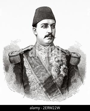 Portrait of Muhammed Tewfik Pasha (1852-1892) Khedive of Egypt and Sudan, Egypt in XIX century. Africa. Old 19th century engraved illustration, El Mundo Ilustrado 1881 Stock Photo