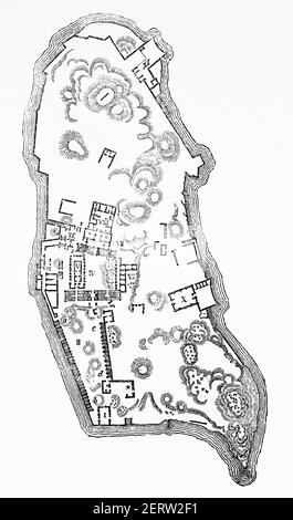 Map of the Island of Philae and its temples. Egypt in XIX century. Africa. Old 19th century engraved illustration, El Mundo Ilustrado 1881 Stock Photo