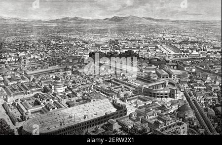 Panoramic general view of the Italian city of Rome in the time of the Roman Emperor Aurelian, Ancient Rome. Italy, Europe. Old XIX century engraved illustration, El Mundo Ilustrado 1880
