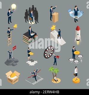 Entrepreneur isometric icons creative idea sociality purposefulness self education and success isolated on grey background vector illustration Stock Vector