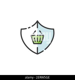 Secure purchase. Security shield and shopping basket. Filled color icon. Isolated commerce vector illustration Stock Vector