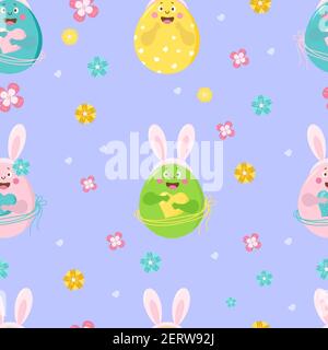Happy Easter seamless pattern. Pattern of funny Easter eggs with faces, emotions and hands and with bunny ears on a blue background with flowers Stock Vector