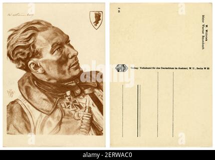 German historical postcard: Portrait of a pilot major Werner Baumbach with an iron cross with oak leaves, artist Wolfgang Willrich, Germany, 1940s Stock Photo