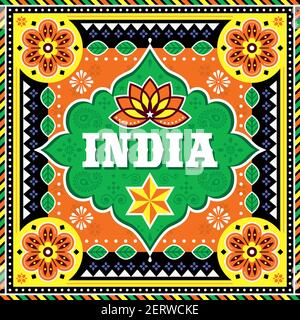 India vector design inspired by Pakistani or Indian truck art with lotus flower, star and goemetric shapes Stock Vector
