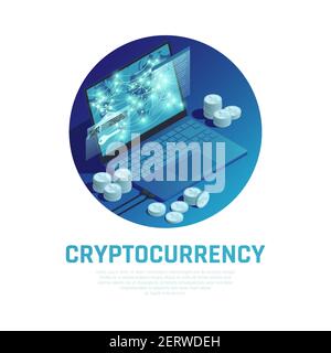Cryptocurrency blue round composition with bitcoin stacks and blockchain technology on laptop screen isometric vector illustration Stock Vector