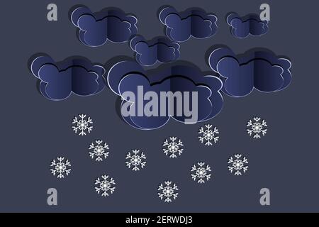 Paper cut clouds with snowflakes on dark sky. Origami art snowing season. Forecast concept with snow.Winter time. Weather forecast.Vector illustration Stock Vector