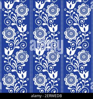 Scandinavian ethnic seamless folk art vector pattern with flowers and hearts, Nordic vertical ornament design in white on navy blue Stock Vector