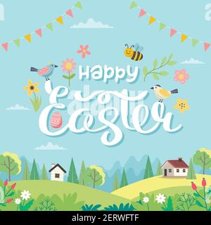 Happy Easter card with lettering and cute landscape. Hand drawn flat cartoon. Vector illustration Stock Vector