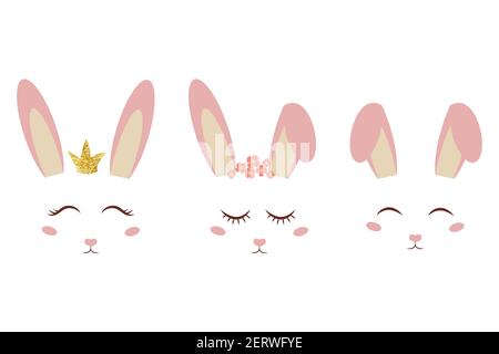 Set of cute pink bunny ears and faces, sleeping, smiling with decorations isolated on white background. Poster, print, fashion design element. Spring girlie design. Vector illustration Stock Vector