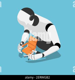 Flat 3d Isometric Ai Robot Protecting Office Chair. Artificial Intelligence Take Over The Jobs. Stock Vector