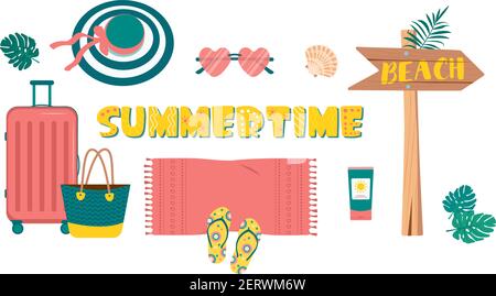 Cute bright set of summer things for travel and beach vacation Stock Vector