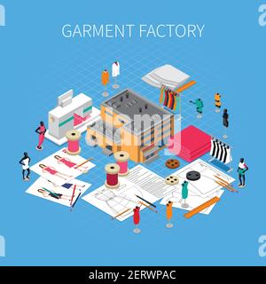 Garment factory isometric concept with patterns and samples symbols vector illustration Stock Vector