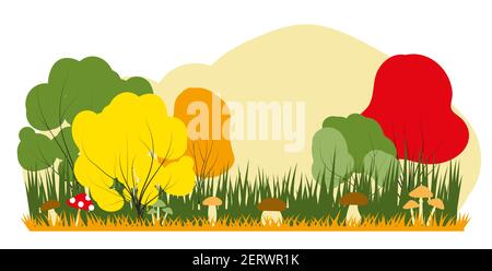 Vector illustration in trendy flat simple style. colored forest autumn landscape with mushrooms. Stock Vector