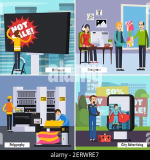 Advertising agency services concept 4 orthogonal flat icons with designers publishing city ads billboards isolated vector illustration Stock Vector
