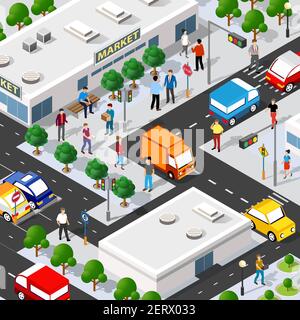 Isometric Mall supermarket shop 3D illustration of the city Stock Vector