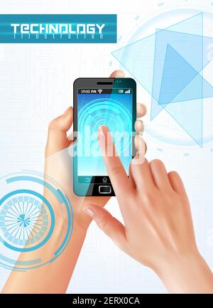 Hand holding smartphone with finger on  touchscreen realistic top view image  abstract hi tech background vector illustration Stock Vector