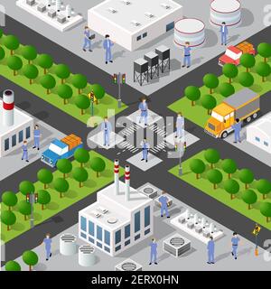 Isometric 3D illustration of the city quarter with houses Stock Vector