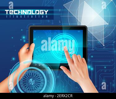 Hands on tablet touchscreen realistic top view image against blue glossy abstract digital technology background vector illustration Stock Vector