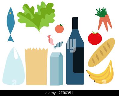 set constructor fresh food from the supermarket and plastic and paper bags packaging isolated. flat vector illustration Stock Vector