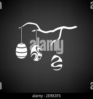 Easter Eggs Hanged On Tree Branch Icon. White on Black Background. Vector Illustration. Stock Vector