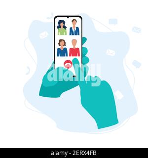 business video conference in smartphone. conference call with colleagues. hand in gloves. health care concept. flat vector illustration isolated Stock Vector